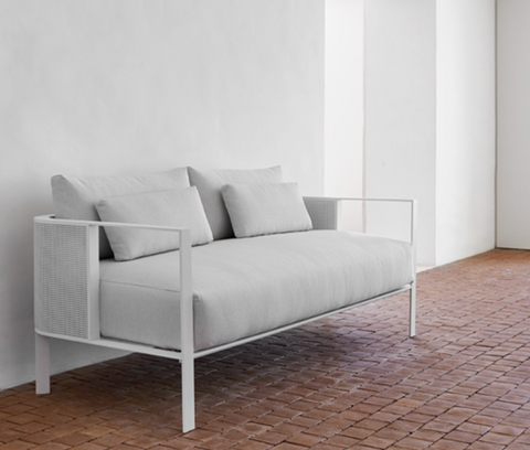 Gandía Blasco Solanas 2-Seat Sofa — luxury powder-coated aluminum outdoor sofa with water-repellent cushions on a modern Florida patio at Home Resource by Gandia Blasco
