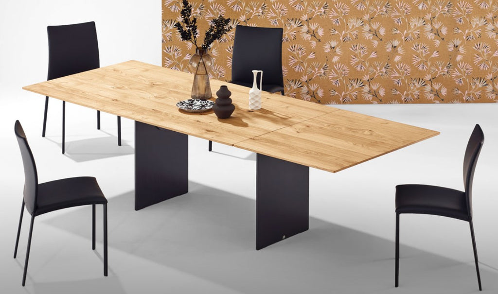 Rectangular dining table by Draenert, featuring a patented swivel plate, available in stone, solid wood, or veneered finishes with a matte brushed aluminum base.
 by DRAENERT for sale at Home Resource Modern Furniture Store Sarasota Florida