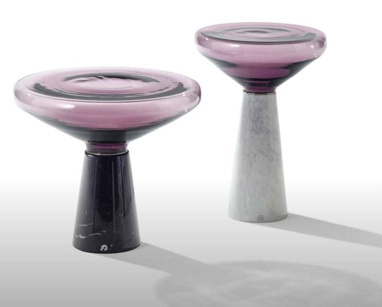 BLOW side table by Draenert, featuring a handcrafted natural stone base and mouth-blown glass top, available in transparent or colored-translucent options. Available at Home Resource Sarasota.
 by DRAENERT for sale at Home Resource Modern Furniture Store Sarasota Florida