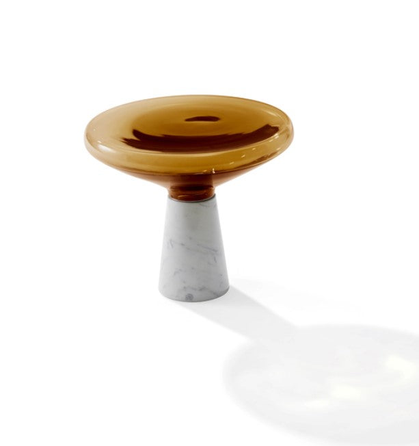 BLOW side table by Draenert, featuring a handcrafted natural stone base and mouth-blown glass top, available in transparent or colored-translucent options. Available at Home Resource Sarasota.
 by DRAENERT for sale at Home Resource Modern Furniture Store Sarasota Florida