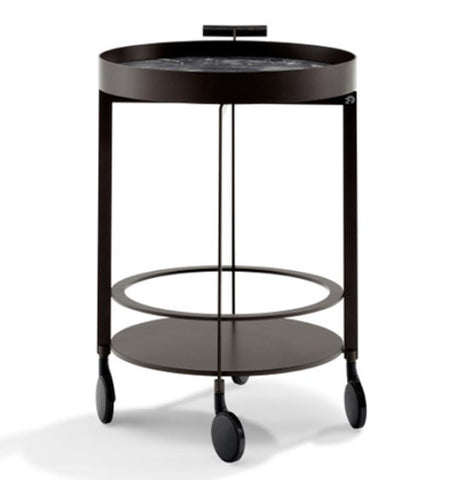 DAY bar trolley by Draenert, featuring a metal body with natural stone or painted metal panels, wooden handle, and elegant castors. Available at Home Resource Sarasota. by DRAENERT