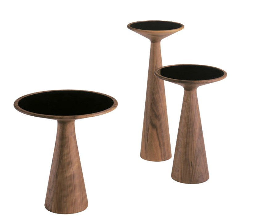 Round coffee and side piece by Draenert, crafted from oiled American walnut with a black-painted glass insert. Available in various sizes at Home Resource Sarasota.
 by DRAENERT for sale at Home Resource Modern Furniture Store Sarasota Florida