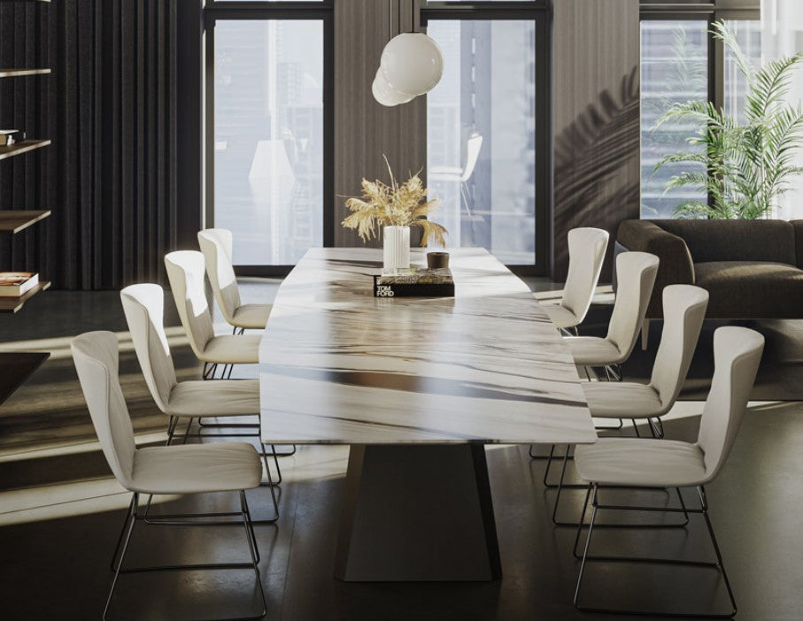 FONTANA Dining Table by Draenert, featuring a trapezoidal top, innovative pull-out mechanism, and available in four-legged or cheek plinth base. Available at Home Resource Sarasota.
 by DRAENERT for sale at Home Resource Modern Furniture Store Sarasota Florida