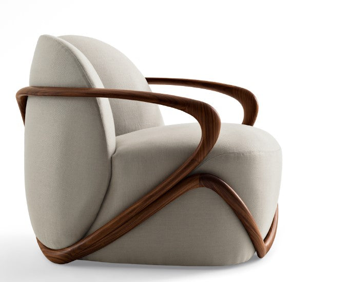 Hug Armchair by Giorgetti – Handcrafted armchair featuring Italian-made walnut wood and modern design. Upholstered in luxury fabric or leather, available at Home Resource of Sarasota Florida. by Giorgetti for sale at Home Resource Modern Furniture Store Sarasota Florida