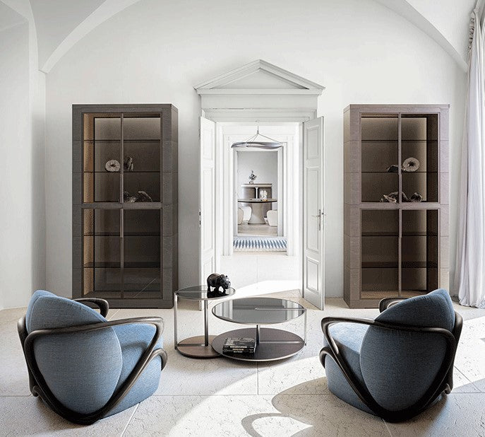 Hug Armchair by Giorgetti – Handcrafted armchair featuring Italian-made walnut wood and modern design. Upholstered in luxury fabric or leather, available at Home Resource of Sarasota Florida. by Giorgetti for sale at Home Resource Modern Furniture Store Sarasota Florida