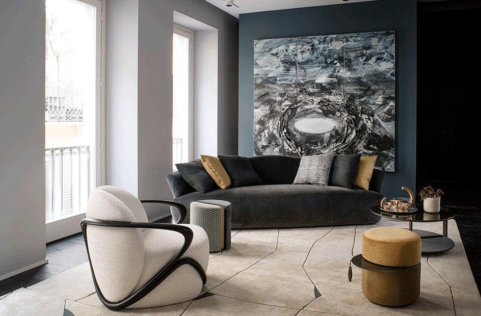 Hug Armchair by Giorgetti – Handcrafted armchair featuring Italian-made walnut wood and modern design. Upholstered in luxury fabric or leather, available at Home Resource of Sarasota Florida. by Giorgetti for sale at Home Resource Modern Furniture Store Sarasota Florida