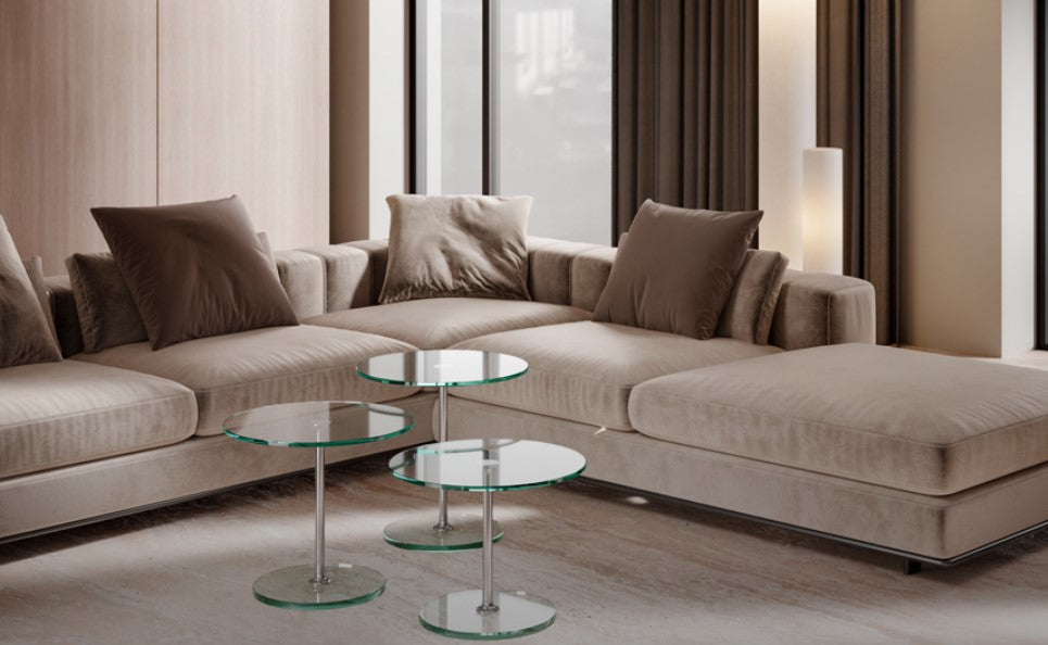 Largo side table by Draenert, featuring a round or oval clear glass top with steel bases in high-gloss chrome, matte chrome, or satin nickel. Available at Home Resource Sarasota. by DRAENERT for sale at Home Resource Modern Furniture Store Sarasota Florida