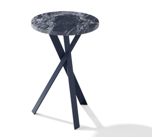 A contemporary side piece with a natural stone top featuring a leathered surface and raw edges, supported by a black steel base. Handcrafted, modern German design.
 by DRAENERT for sale at Home Resource Modern Furniture Store Sarasota Florida