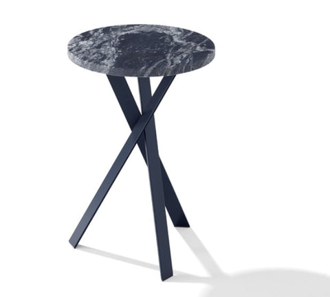 A contemporary side piece with a natural stone top featuring a leathered surface and raw edges, supported by a black steel base. Handcrafted, modern German design.
 by DRAENERT