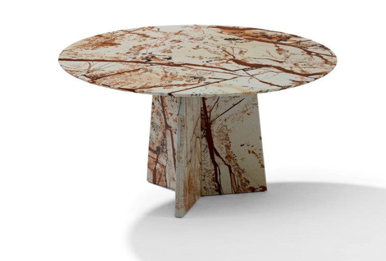 Nelly outdoor dining piece with a round natural stone top and base. Available in 150 stone types and customizable sizes. Sophisticated, handcrafted German design by Dietmar Joester.
 by DRAENERT for sale at Home Resource Modern Furniture Store Sarasota Florida