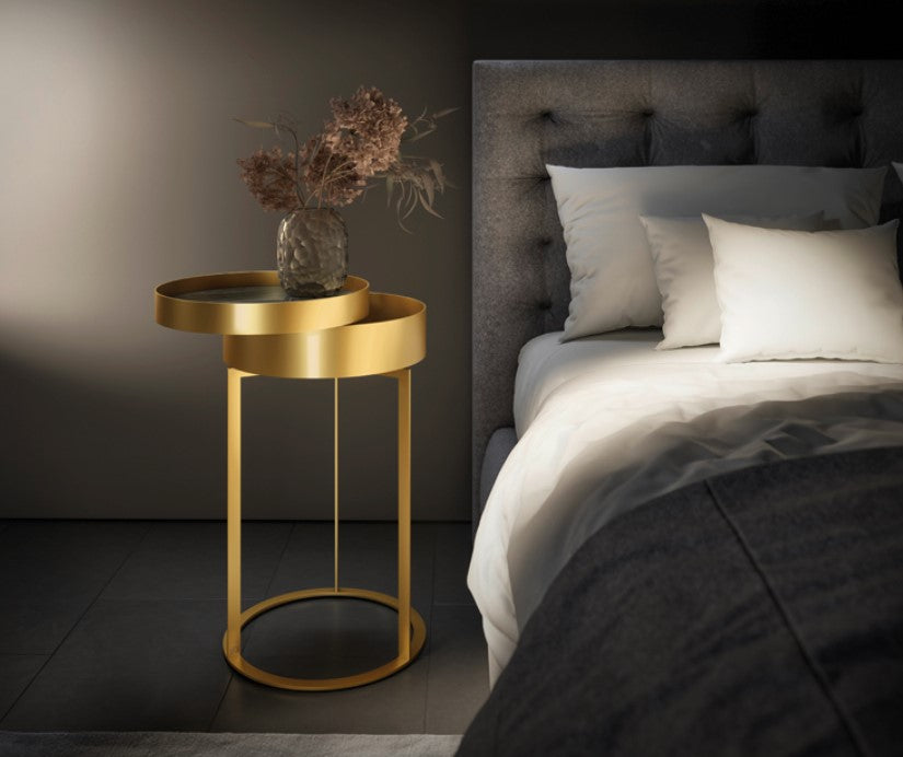 NIGHT bedside piece with brass or dark bronze metal frame and natural stone or leather panels. Handcrafted German design with storage compartment, available in two heights.
 by DRAENERT for sale at Home Resource Modern Furniture Store Sarasota Florida