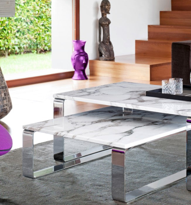 Draenert Primus coffee table set in natural stone with chrome runners. Handcrafted German design, contemporary living room furniture.
 by DRAENERT for sale at Home Resource Modern Furniture Store Sarasota Florida