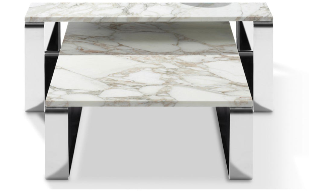 Draenert Primus coffee table set in natural stone with chrome runners. Handcrafted German design, contemporary living room furniture.
 by DRAENERT for sale at Home Resource Modern Furniture Store Sarasota Florida