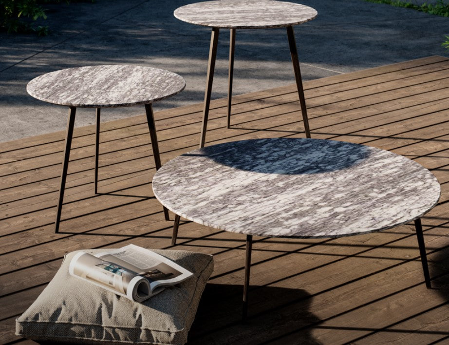 Draenert Tosca outdoor coffee and side tables with natural stone tops, delicate edges, and steel frames in dark bronze. Available at Home Resource of Sarasota.
 by DRAENERT for sale at Home Resource Modern Furniture Store Sarasota Florida