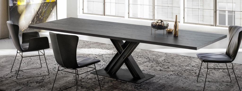 Draenert VICTOR dining table with rustic solid wood top and industrial double-T beam base, designed by Wolfgang C. R. Mezger. Available in Sarasota, Florida.
 by DRAENERT for sale at Home Resource Modern Furniture Store Sarasota Florida