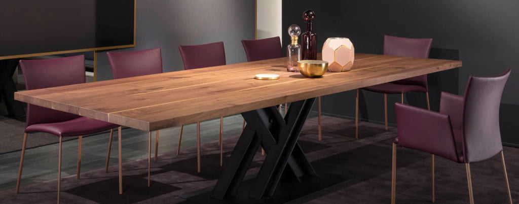 Draenert VICTOR dining table with rustic solid wood top and industrial double-T beam base, designed by Wolfgang C. R. Mezger. Available in Sarasota, Florida.
 by DRAENERT for sale at Home Resource Modern Furniture Store Sarasota Florida