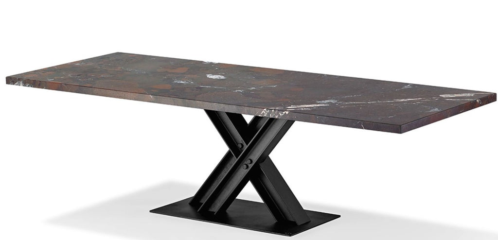 Draenert VICTOR dining table with rustic solid wood top and industrial double-T beam base, designed by Wolfgang C. R. Mezger. Available in Sarasota, Florida.
 by DRAENERT for sale at Home Resource Modern Furniture Store Sarasota Florida