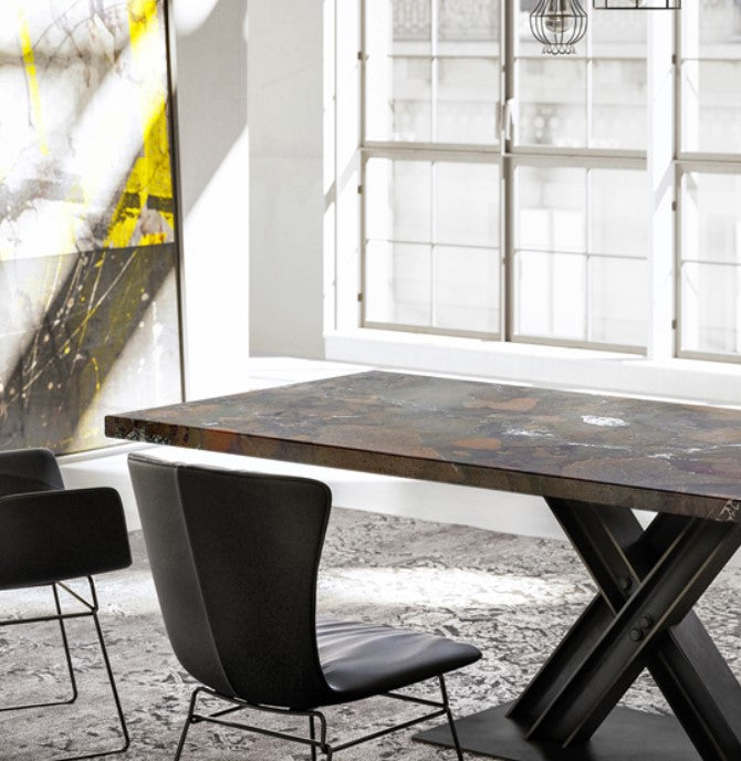 Draenert VICTOR dining table, handcrafted with natural wood and industrial T-beam base, designed by Wolfgang Mezger. Available in Sarasota, Florida. by DRAENERT for sale at Home Resource Modern Furniture Store Sarasota Florida