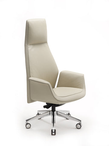 Poltrona Frau Downtown office chair with fine leather upholstery, polished aluminum base, and ergonomic features for luxurious comfort and Italian craftsmanship in an office room setting.
 by Poltrona Frau