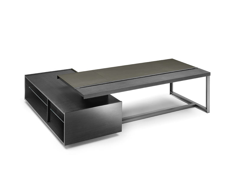 Jobs Executive Desk by Poltrona Frau, featuring fine leather upholstery, oak veneer top, and sleek steel elements, designed for a sophisticated office workspace. by Poltrona Frau for sale at Home Resource Modern Furniture Store Sarasota Florida