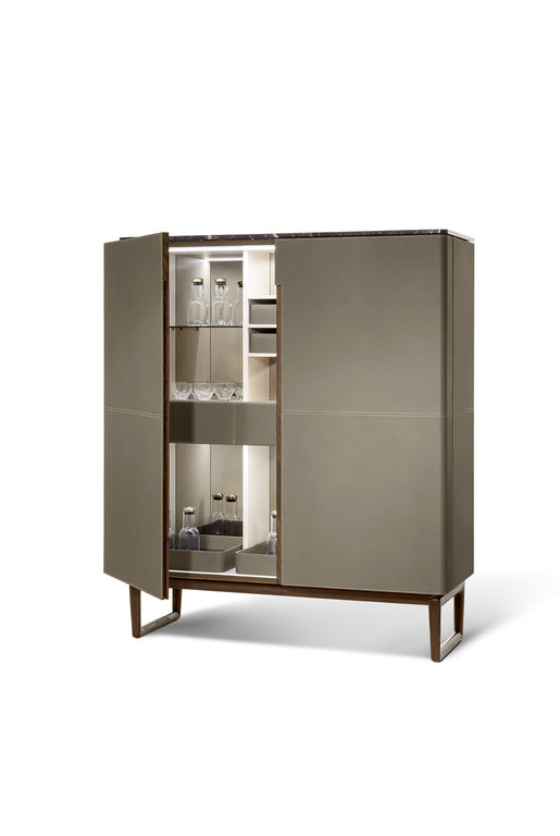 Fidelio Drink Cabinet by Poltrona Frau, featuring solid ash base, maple wood veneered doors, moka-stained solid ash sawhorse base, and adjustable steel feet with rubber caps.  by Poltrona Frau, available at the Home Resource furniture store Sarasota Florida