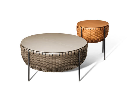 Poltrona Frau Cestlavie side table with storage, featuring fine leather upholstery, interwoven saddle-leather details, and a modern steel frame. Available in Sarasota.
 by Poltrona Frau